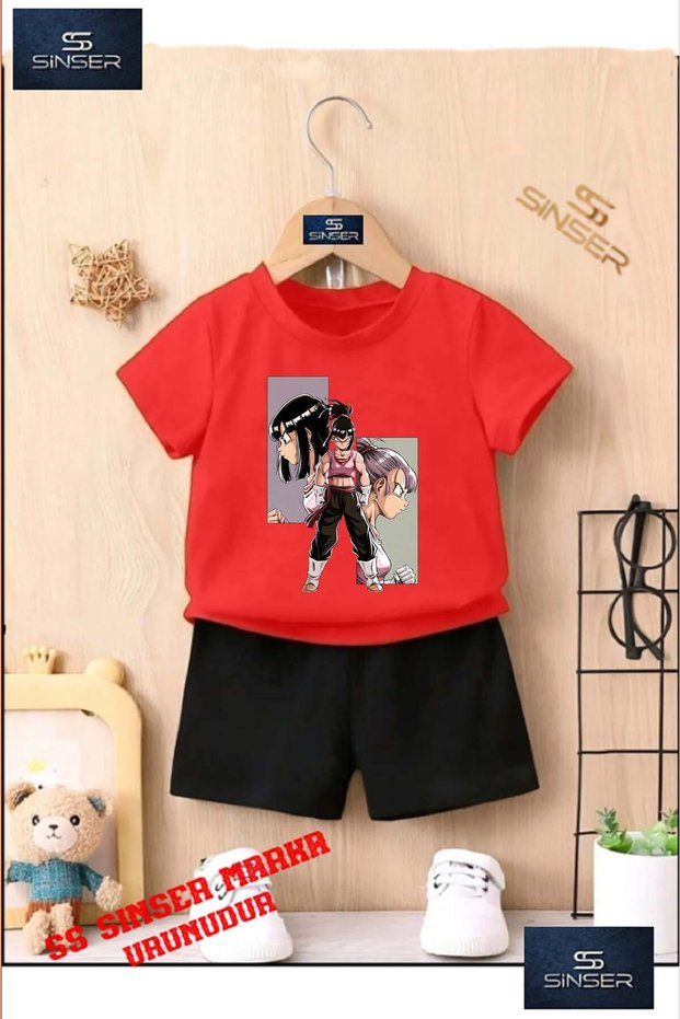 Kids “Anime Girl 3 Square Picture“ Custom Printed Crew Neck T-Shirt - Shorts Set