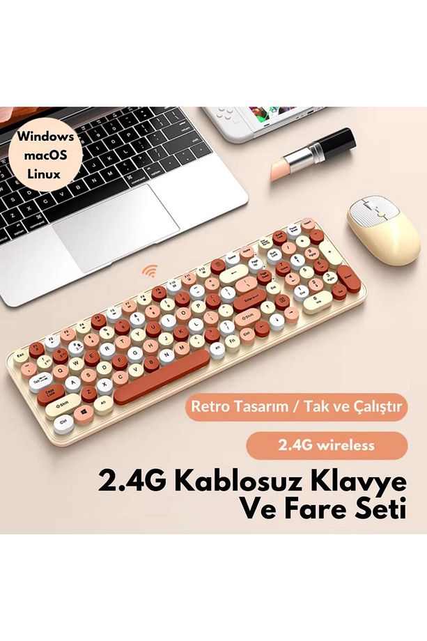 105 Retro Tuşlu 2.4gh Kablosuz Bluetooth Klavye Mouse Seti Retro Kablosuz Klavye Mouse Set - 2