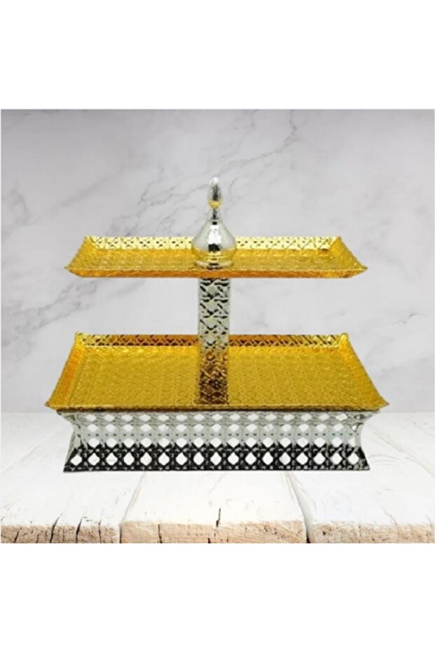 طبق حلوى معدني ذهبي كبير مستطيل الشكل مع طبقتين دوريس - 2