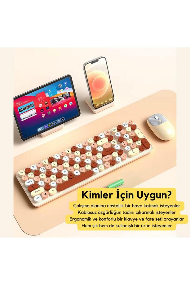 105 Retro Tuşlu 2.4gh Kablosuz Bluetooth Klavye Mouse Seti Retro Kablosuz Klavye Mouse Set - 4