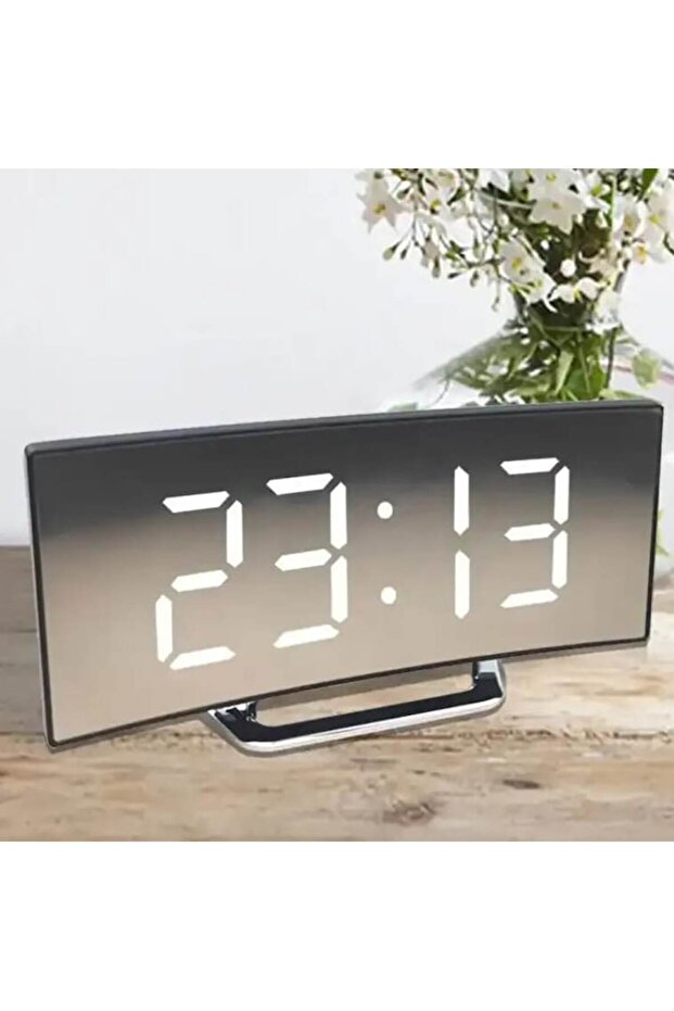 Digital Alarm Clock with Large Display, Curved Mirror Screen, LED, Snooze Function, Internal Tempera - 3
