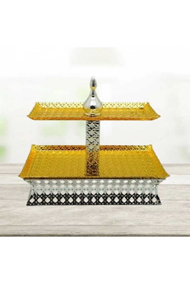 طبق حلوى معدني ذهبي صغير مستطيل الشكل مع اثنين من الدوريات - 1