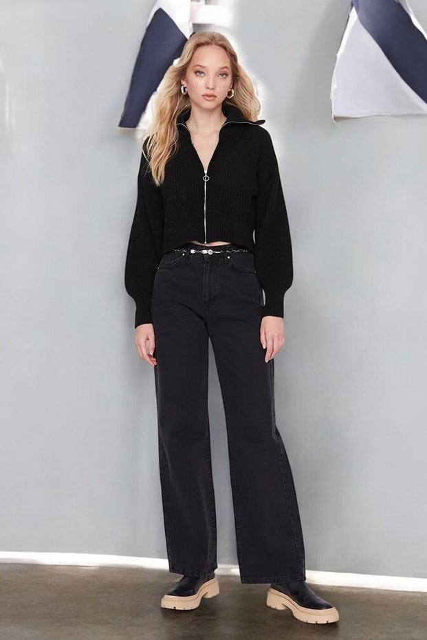 Jasmine Women's Black Extra High Waist Stretchy Denim Fabric Loose Leg Jeans