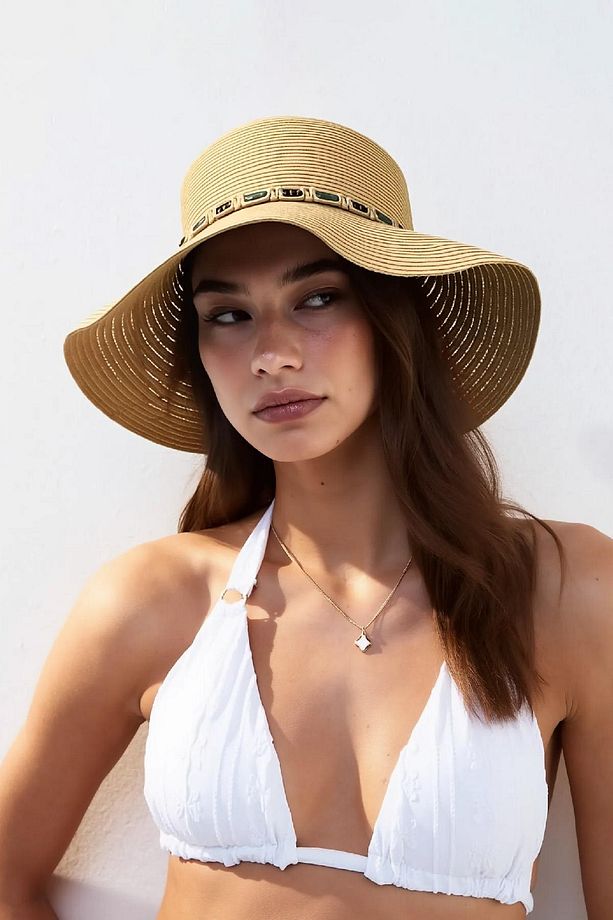 Kadın Boho İşlemeli Hasır Şapka - Camel - 1