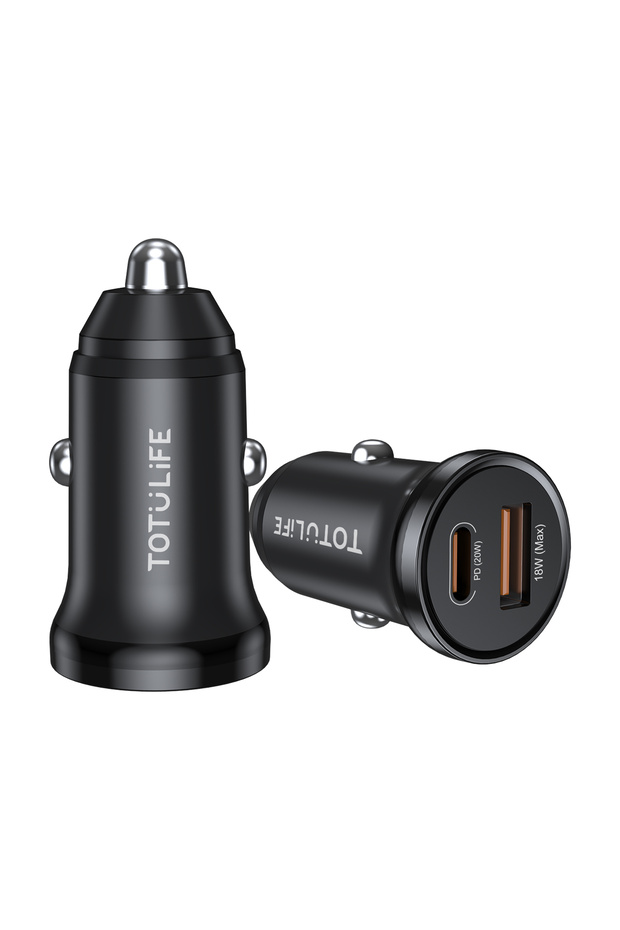 20W Mini Car Charger with PD Type-C & QC3.0 USB-A Fast Charging – Black