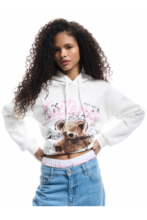 Raised Long Sleeve Hooded Printed Oversize Sweatshirt