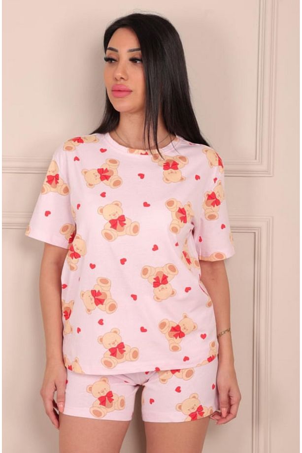 Kadın Baskılı Şortlu Pijama Takımı - Sevimli Ayıcık Kalpli Desenli - 3