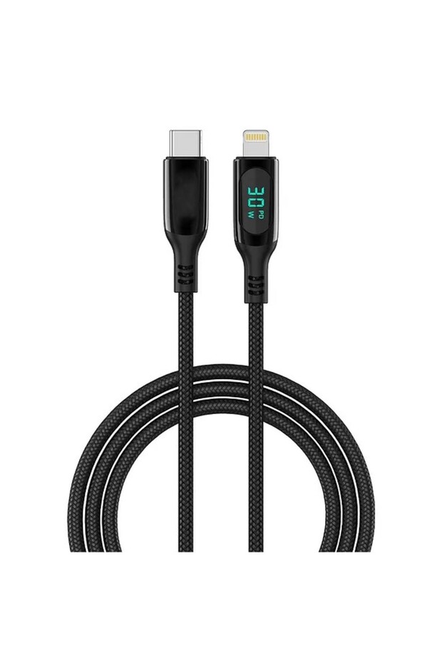30w Dijital Göstergeli Örgülü Type C To Lightning Süper Hızlı Şarj Kablosu Siyah 120 Cm - 6