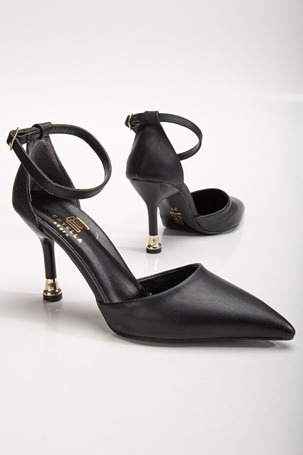 Women's Black Leather Closed Back Pointed Stylish Heeled Stiletto Shoes