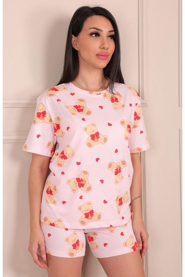 Kadın Baskılı Şortlu Pijama Takımı - Sevimli Ayıcık Kalpli Desenli - 2