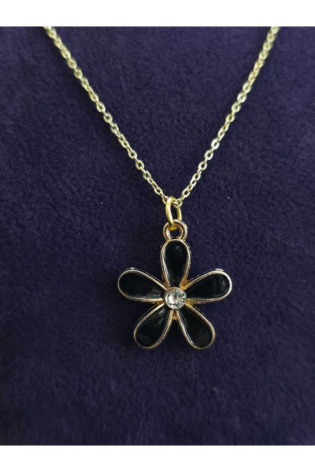 Daisy Zircon Stone Flower Model Black Enamel Embroidered Yellow Color Coated Steel Necklace