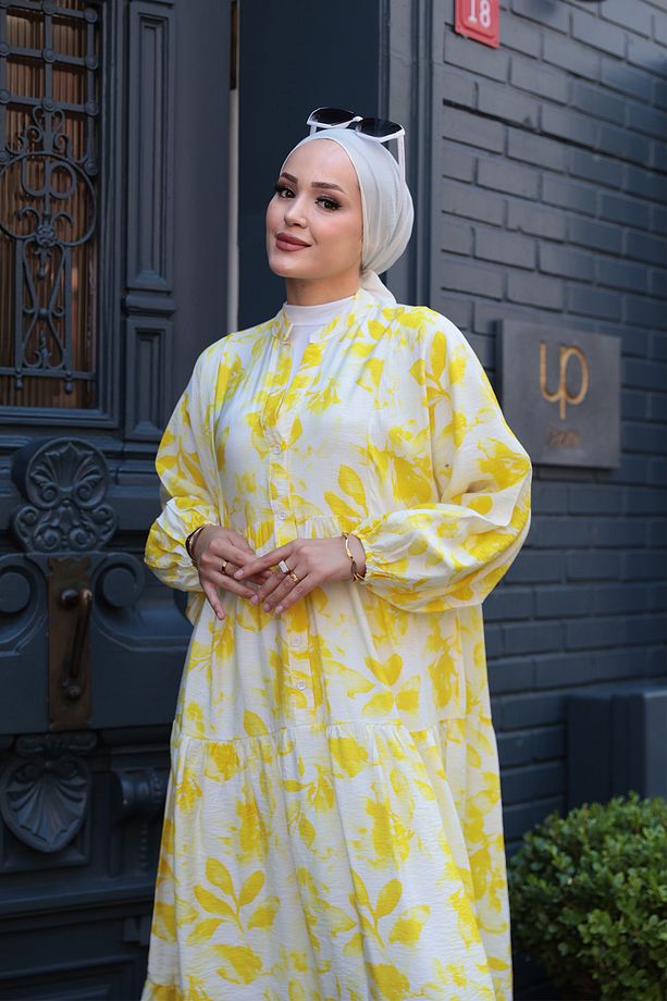 Kadın Yapraklı Soyut Desen Elbise Sarı - 5
