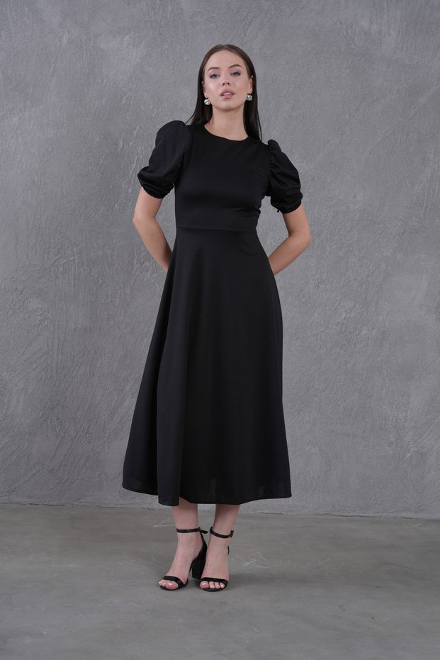 New Season Scuba Crepe Fabric Balloon Sleeve Round Neck Midi Length Flared Cut Women's Evening Dress 092