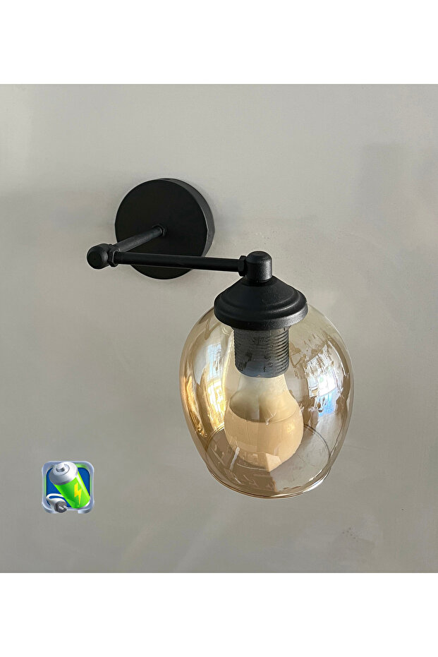 Şarj Et Kullan K1C Şarjlı Pilli Aplik Bal Camlı Siyah Kasa Metal Modern -Tek Adet- - 1