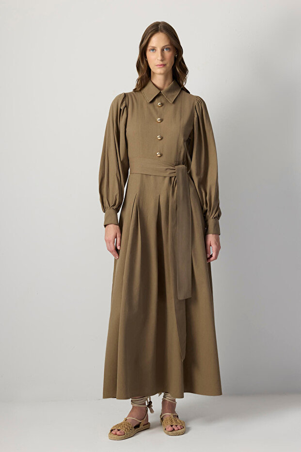 Pleated Shirt Collar Dress