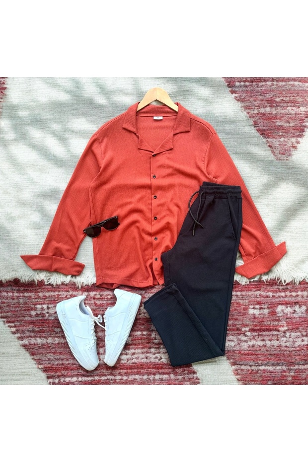 Bürümcük Crinkle Fabric Summer Lycra Men's Shirt Pants Set