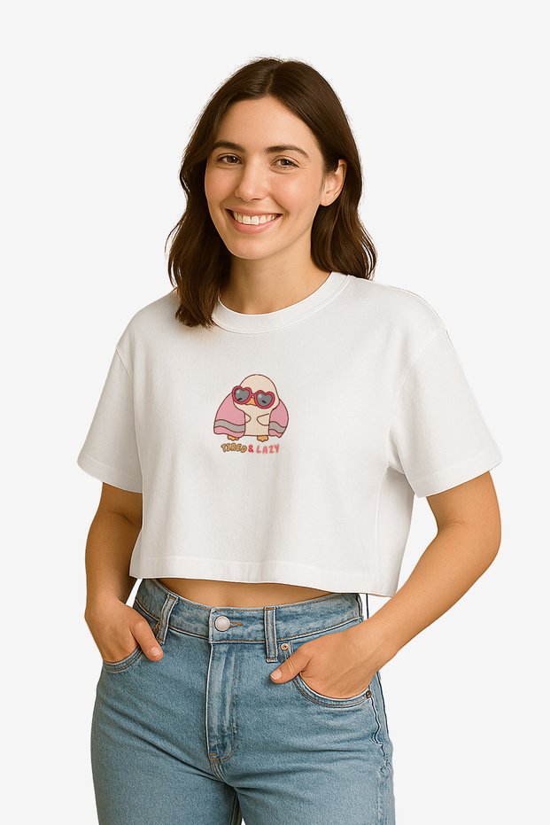 Women's White Short T-Shirt Minimal Animal and Slogan Printed Summer Semi Crop T-Shirt