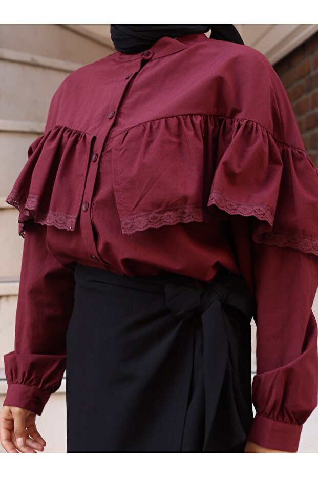 Dantelli Gömlek - Bordo - Vav - 3