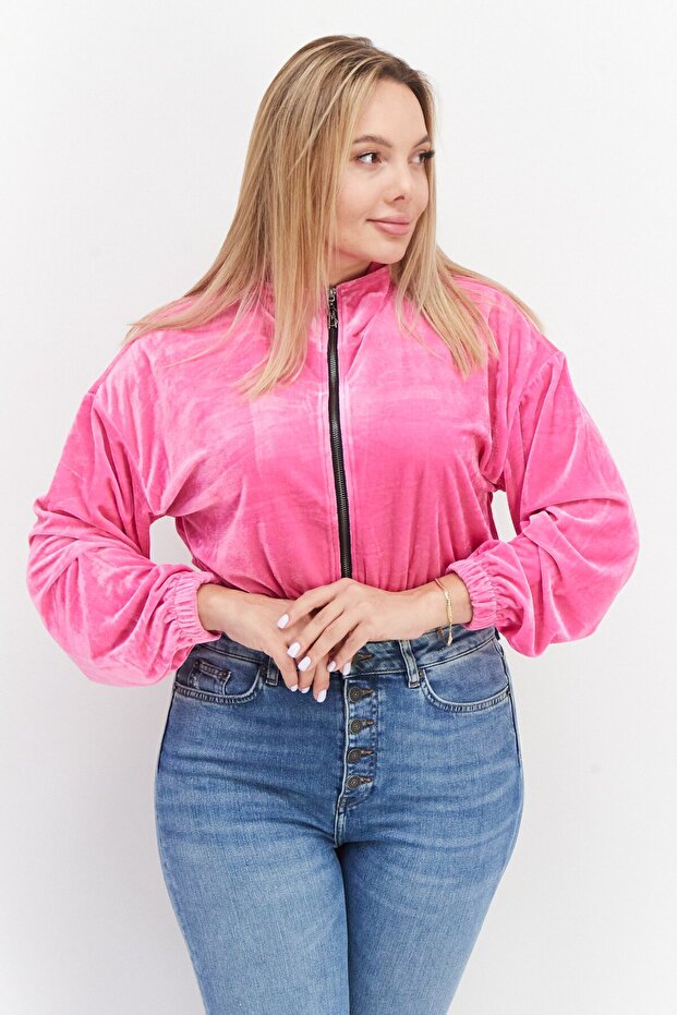 Women Mock Neck Long Sleeve Textured Crop Sweatshirt, Pink