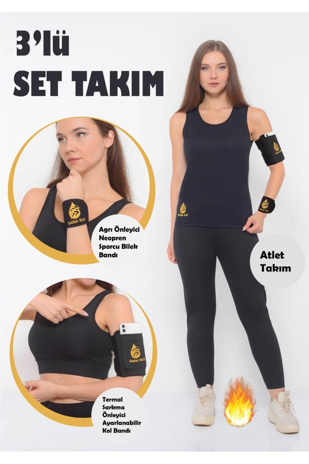 Women's Thermal Undershirt and Leggings Top-Down Set, Neoprene Sports Wristband, Treadmill 3-Piece Set