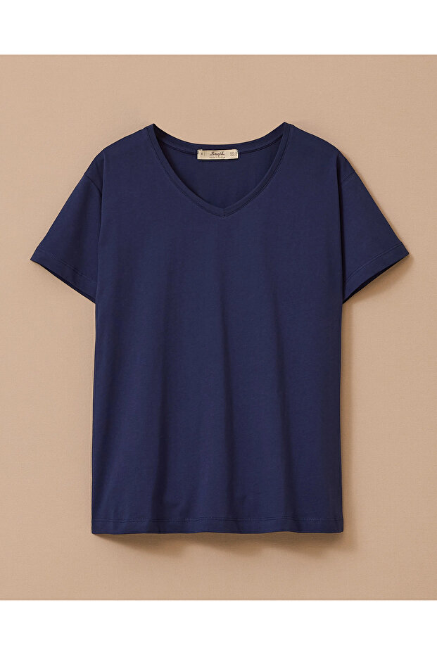 V Yaka Kısa Kollu Basic Tişört - 4
