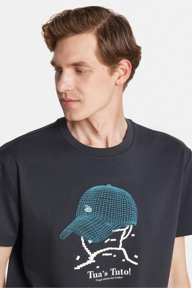 Relax Fit Relaxed Fit Cotton Front Print and Embroidery Detail Crew Neck Anthracite Men's T-Shirt