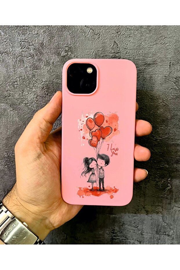 Pink Case with Valentine Design Holding Heart Balloon Compatible with iPhone 13-14