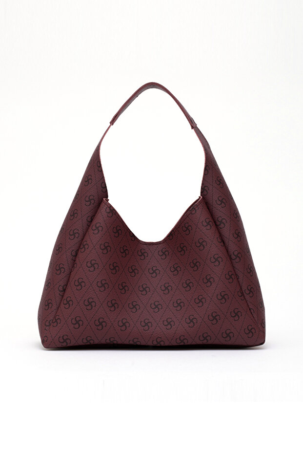 Monogram Printed Burgundy Shk19 Faux Leather, Snap Closure, Single Compartment, Zippered Makeup Bag, Hand, Arm and
