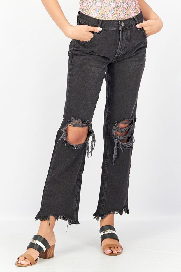Women Straight Fit Washed Ripped Denim Jeans, Black