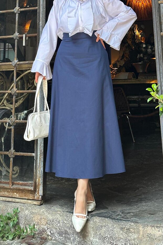 Belt Detailed Flared Skirt Light Blue
