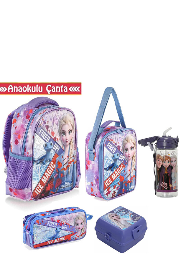 Elsa Licensed Premium Kindergarten Bag Set Nutrition Water Bottle Pen Holder Food Container Set of 5