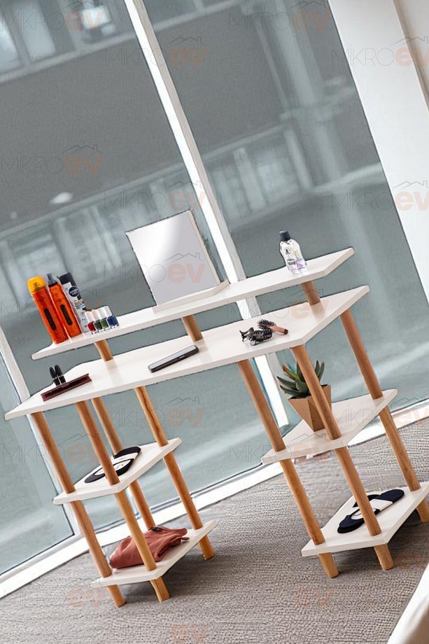 Pia Ahşap Ayaklı Çok Katlı Açık Raflı Şifonyer & Makyaj Masası | Modern Organizer Masa - 6