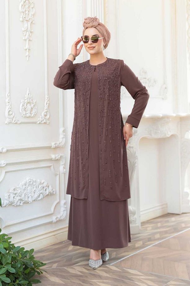 Boncuk İşlemeli Çikolata Tesettür Abaya 29119CK - 2