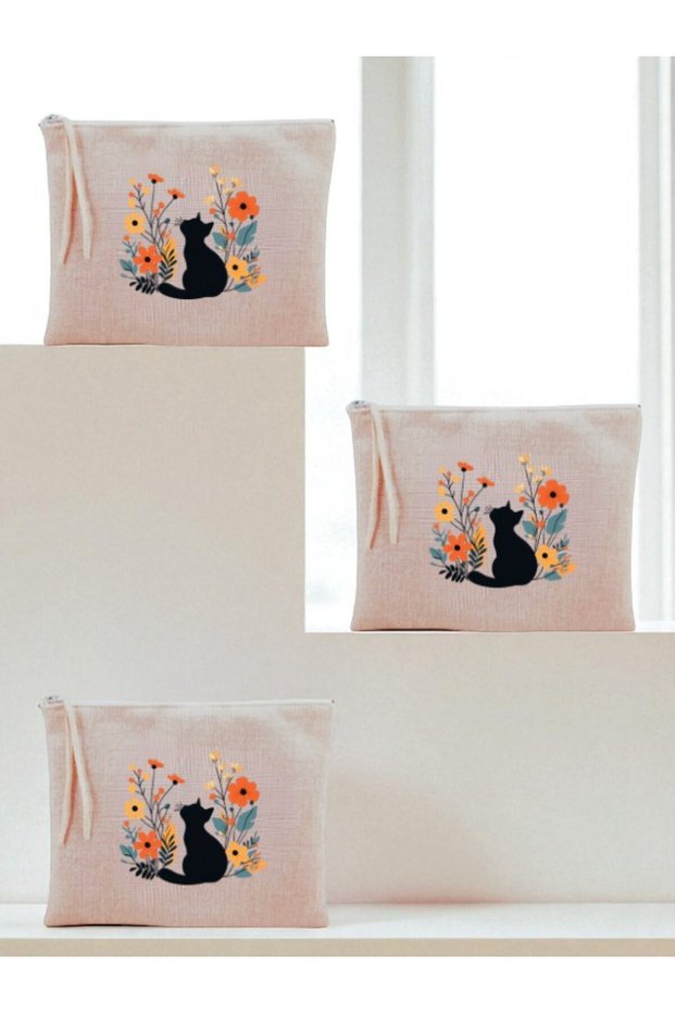 Flower and Cat Theme Printed 3-Piece Makeup Bag 20X25 cm - Women's Birthday Gift Women's Gift