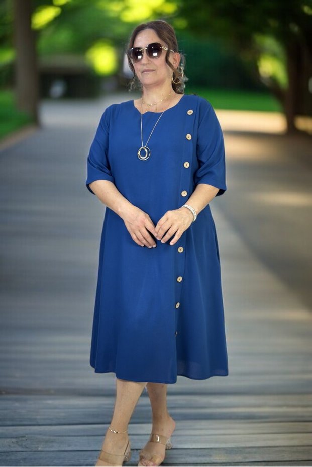 Yandan Wooden Button Detail Pocket Three Quarter Sleeve Cotton Viscose Plus Size Dress
