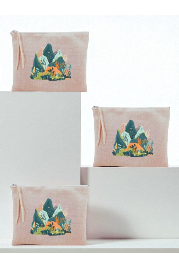 Nature Printed 3-Piece Makeup Bag 20X25 cm - Women's Birthday Gift Women's Gift Product