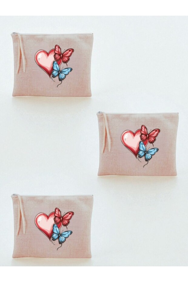 Heart Butterfly Printed 3-Piece Makeup Bag 20X25 cm - Travel Makeup Bag