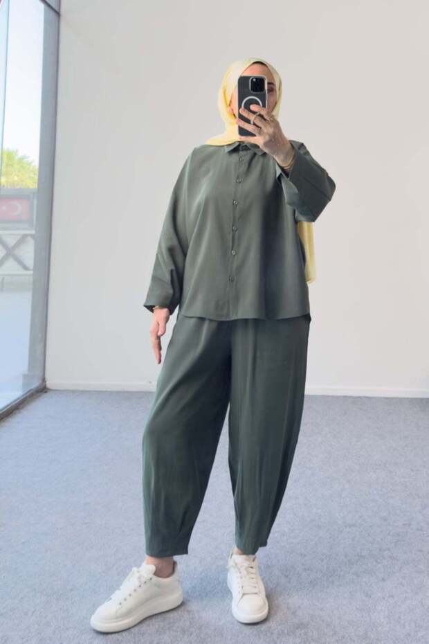 Modal Fabric Oversize Shirt and Baggy Trousers Double Suit 5210 - Khaki
