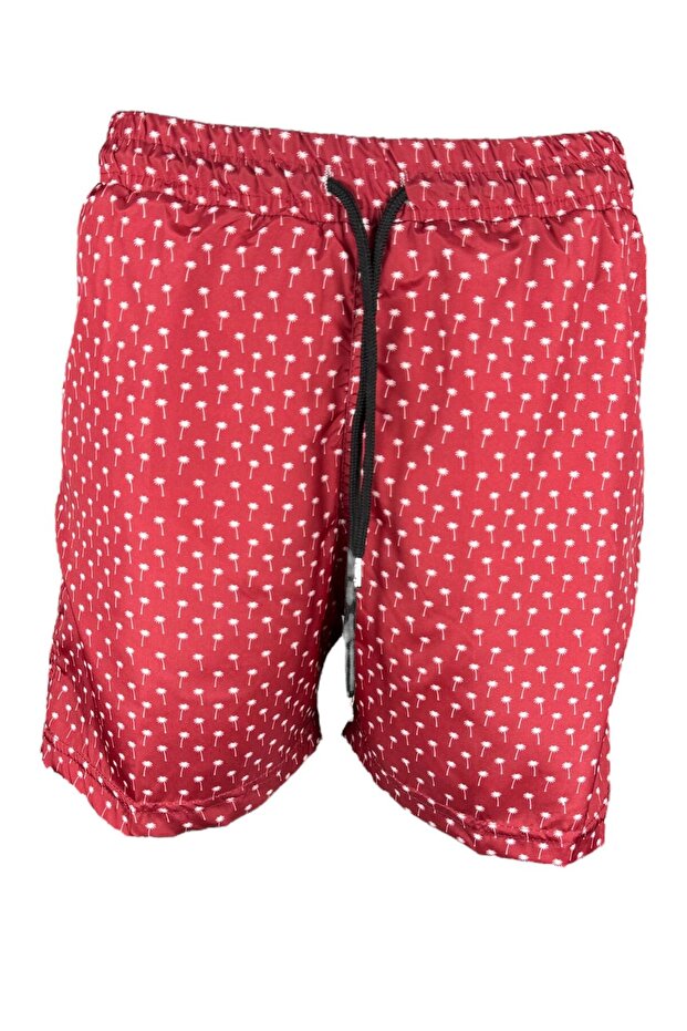 Burgundy Patterned Mesh Zipper Pocket Swim Shorts