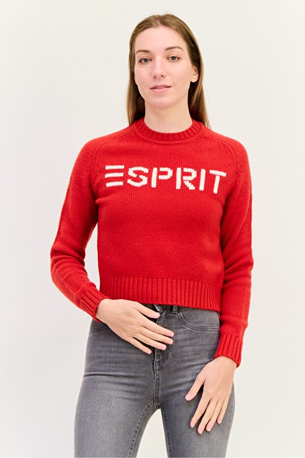 Women Crew Neck Knitted Sweater, Red