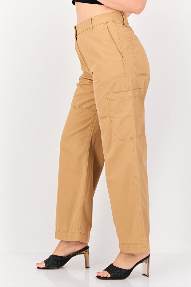 Women Regular Fit Solid Cargo Pants, Brown - 4