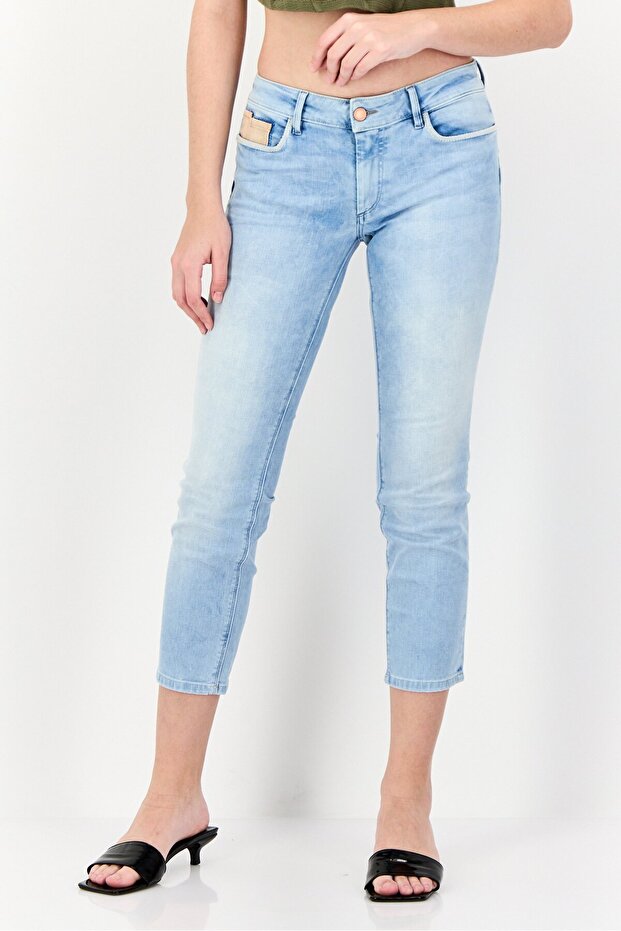 Women Slim Fit Mid Waist Washed Denim Jeans, Blue