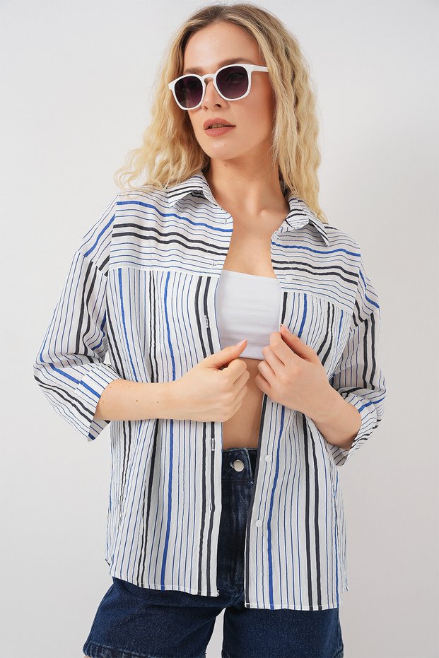 Women's Striped Short Sleeve Shirt 20344 - Navy Blue