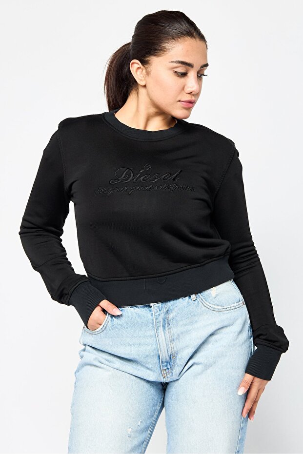 Women Crew Neck Long Sleeves Embroidered Sweatshirt, Black