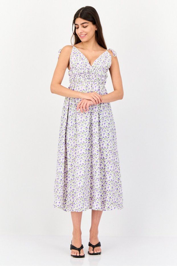 Women Floral Print Casual Midi Dress, Multicolor