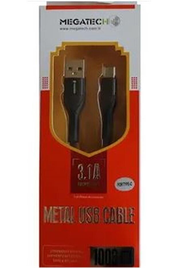 كابل بيانات Megatech 3.1A A من سلسلة A المجدولة من USB إلى Type-C بطول 1 متر باللون الأسود