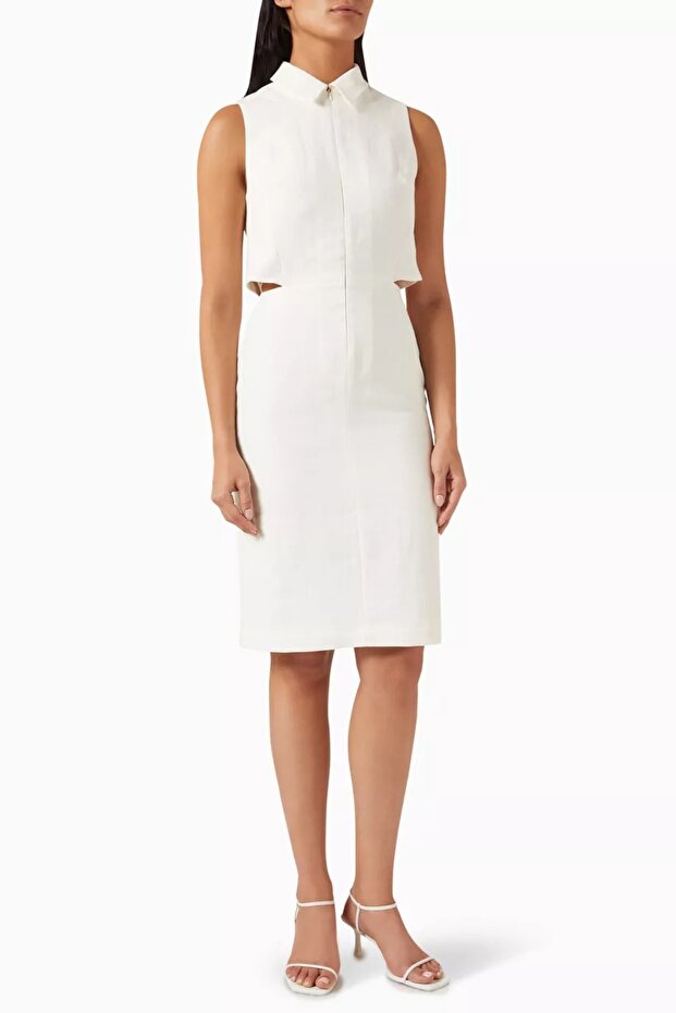 Linen Blend Midi Dress, Two Piece Look and Breathable Summer Dress Ecru