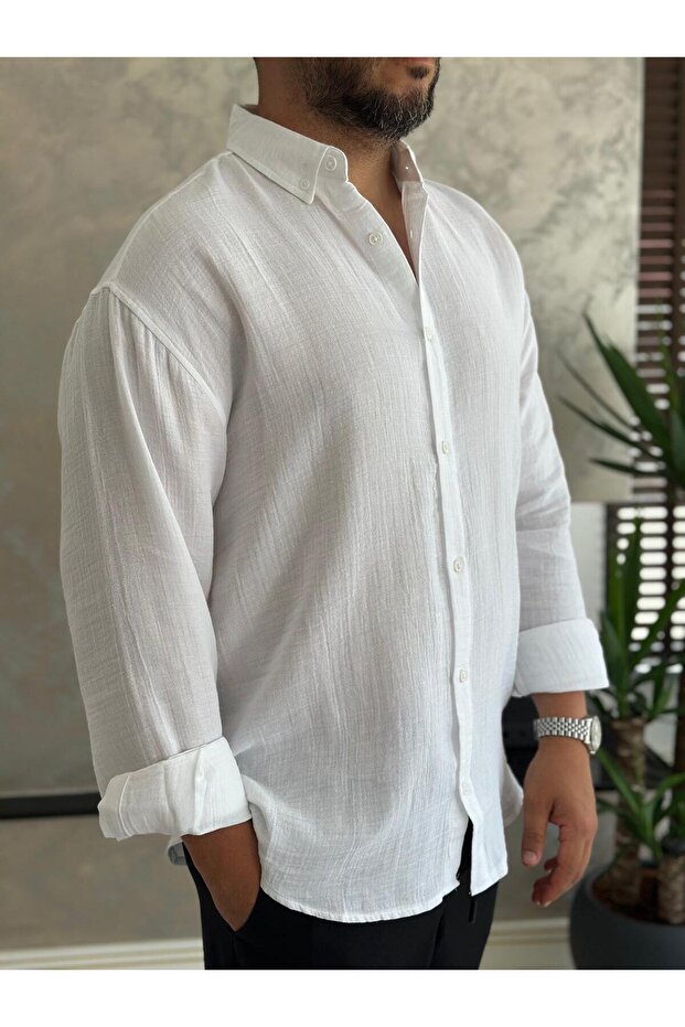Men's Relaxed Fit Premium Linen Shirt White Eca010