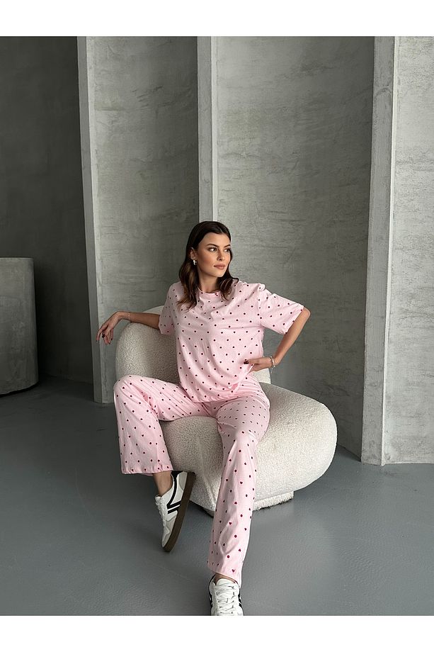 Kadın Baskılı Pijama Takımı - Kalpli Desenli - 1