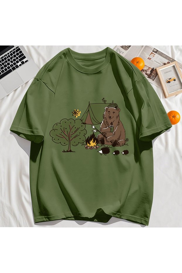 Y2K Vintage T-Shirt Tee Camping Cartoon Bear Print